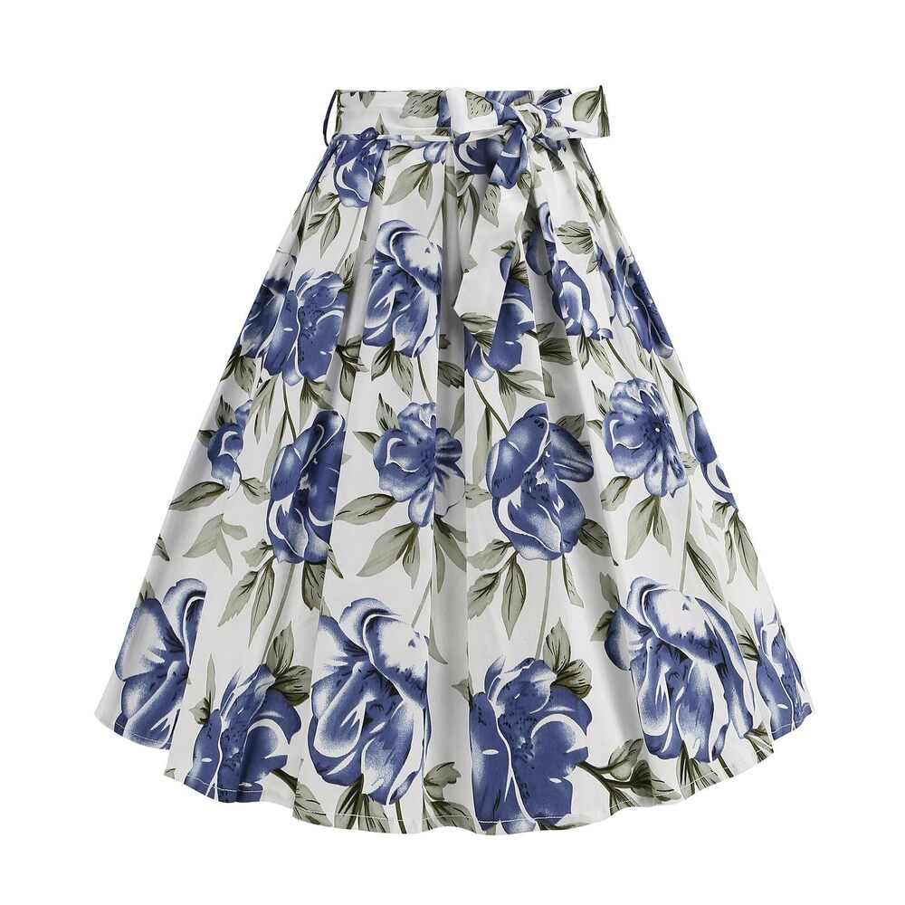 2116 Retro Floral Skirt 1950s Vintage Skirts Hepburn Midi Belt Skirt High